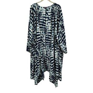 Roamans Plus Sz 3X 4X Blue White Abstract Print Kaftan Cardigan Duster Relaxed